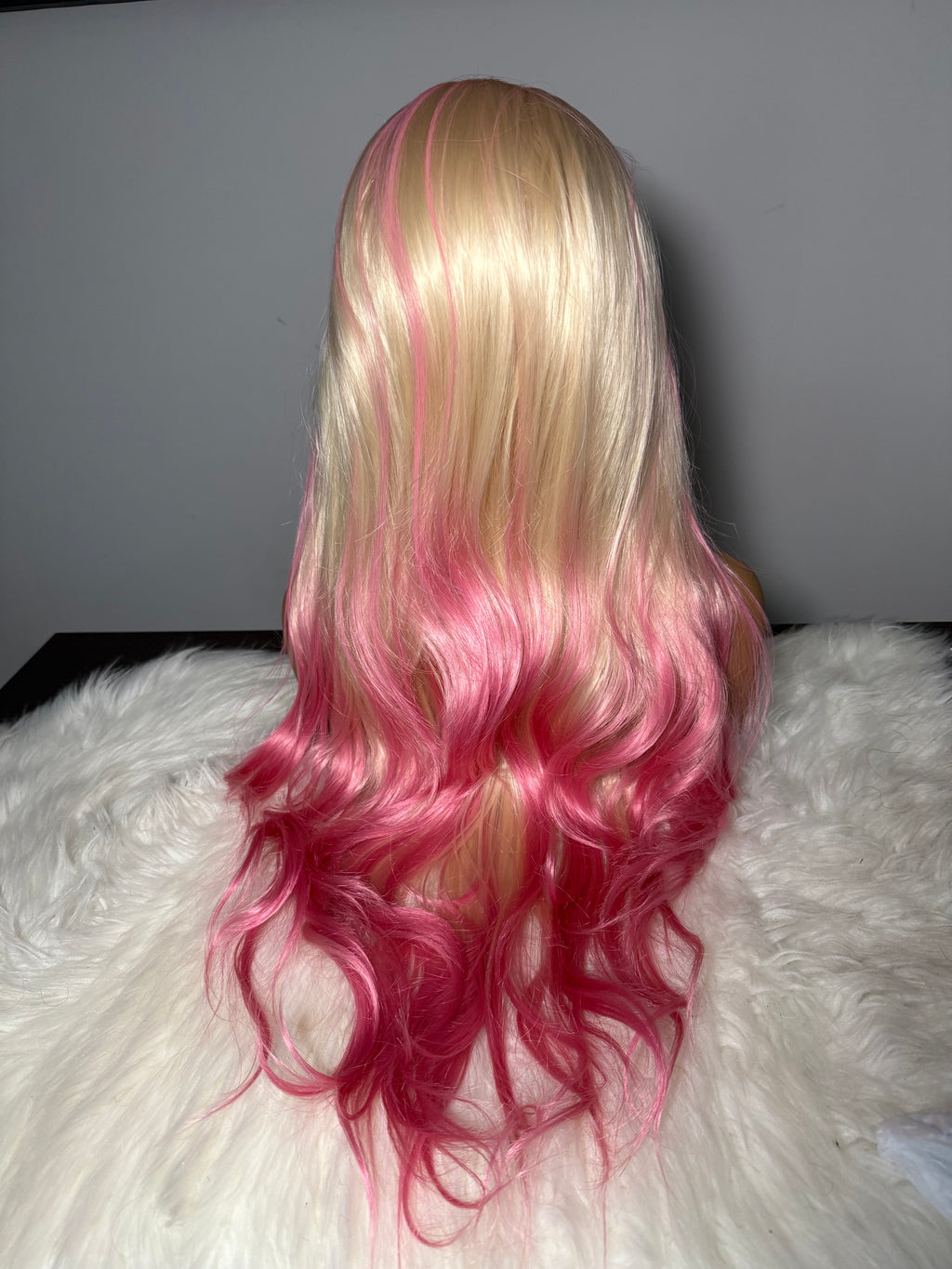 Blonde Wig with Pink Skunk Stripe Synthetic