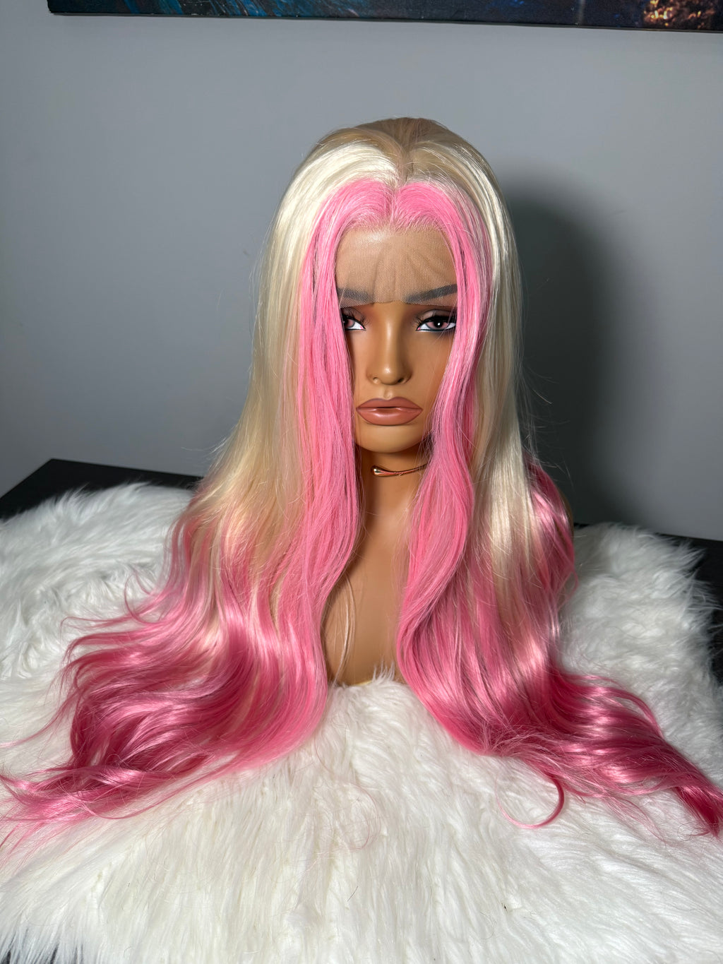 Blonde Wig with Pink Skunk Stripe Synthetic