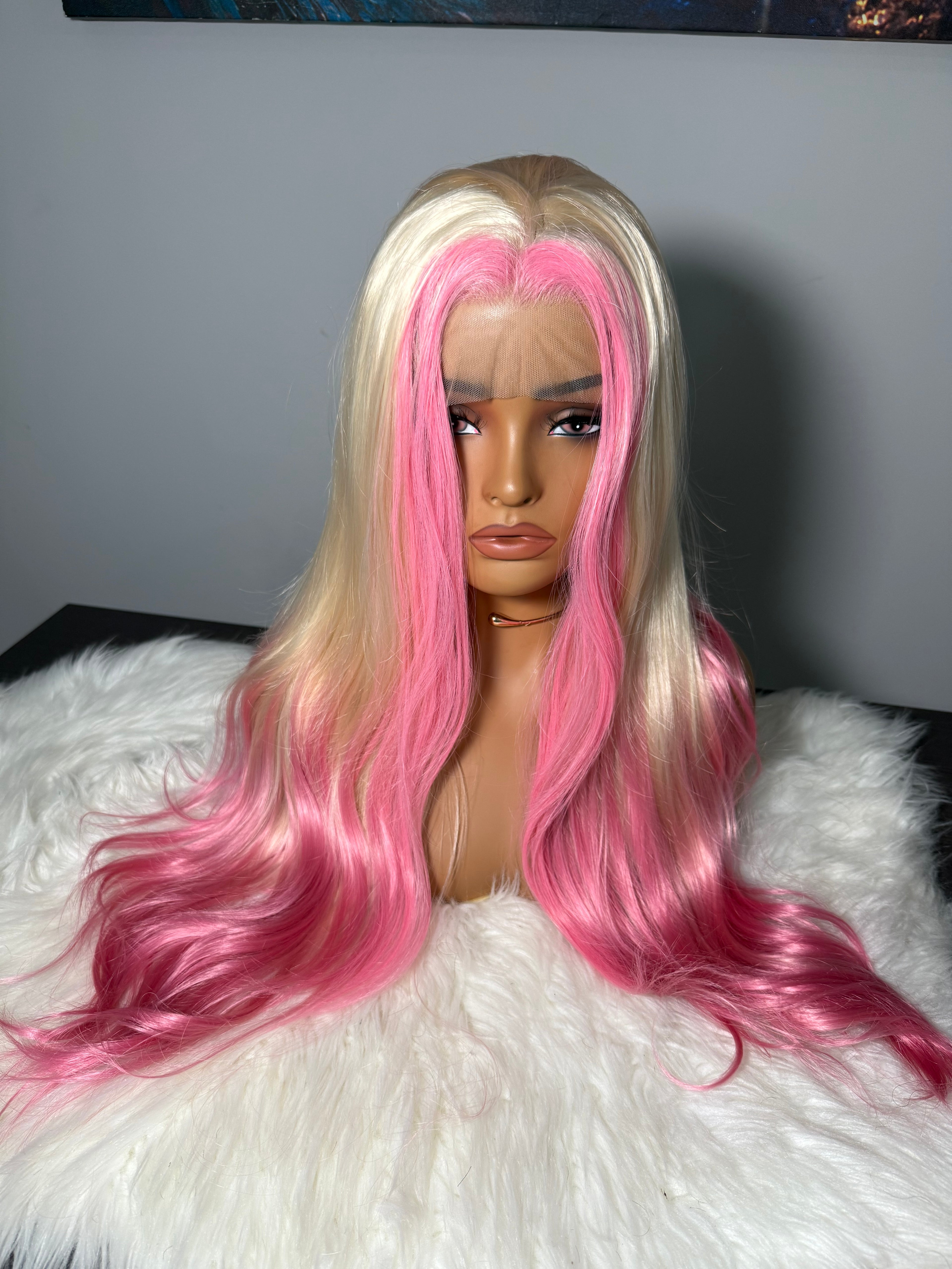Blonde Wig with Pink Skunk Stripe Synthetic