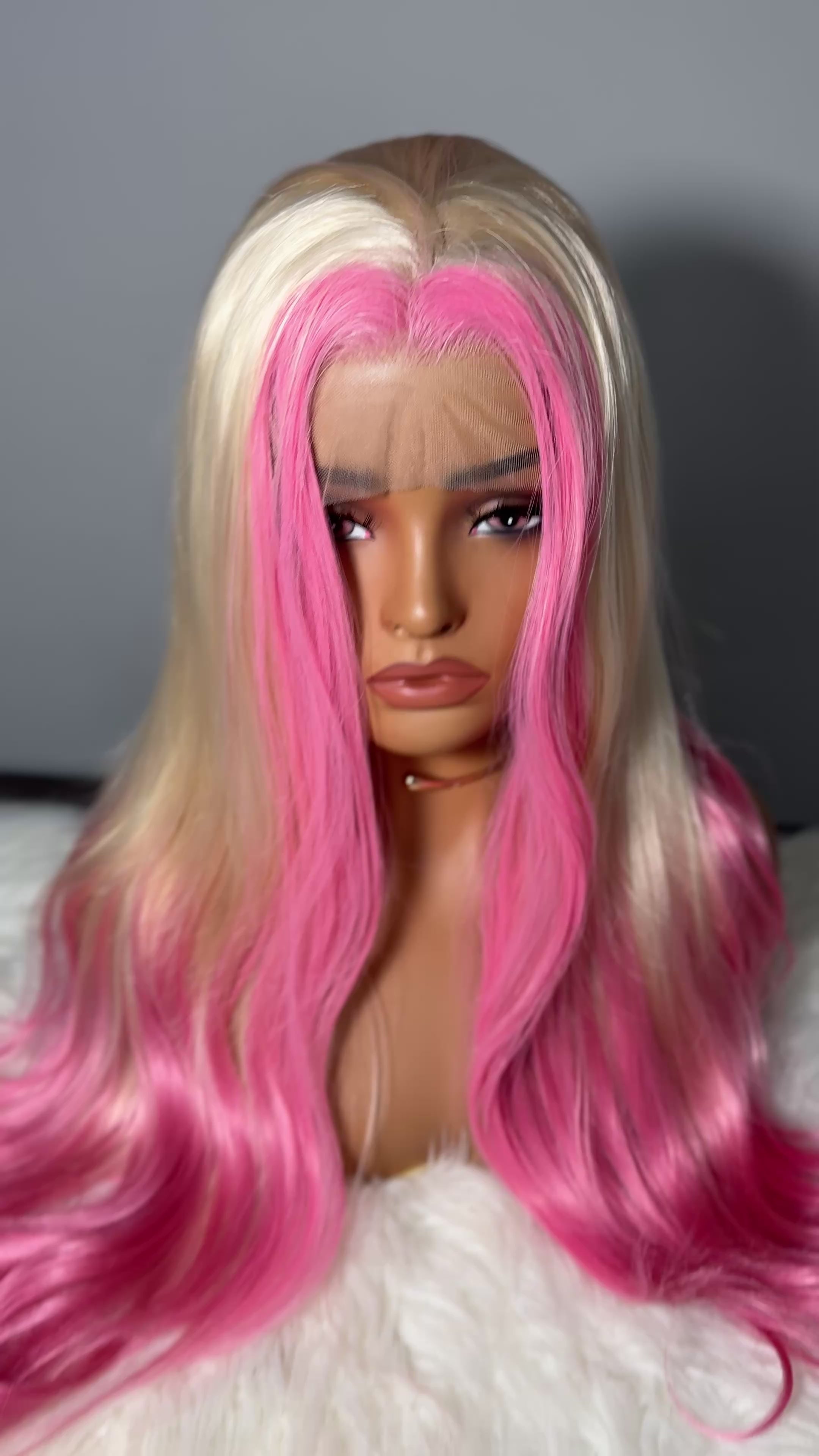 Blonde Wig with Pink Skunk Stripe Synthetic